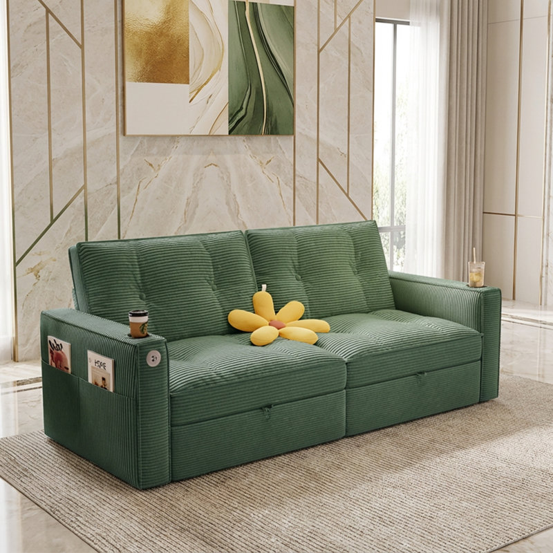 Canapé-lit modulaire convertible 3-en-1 avec port USB et rangement latéral, causeuse multifonctionnelle en velours côtelé vert pour le salon