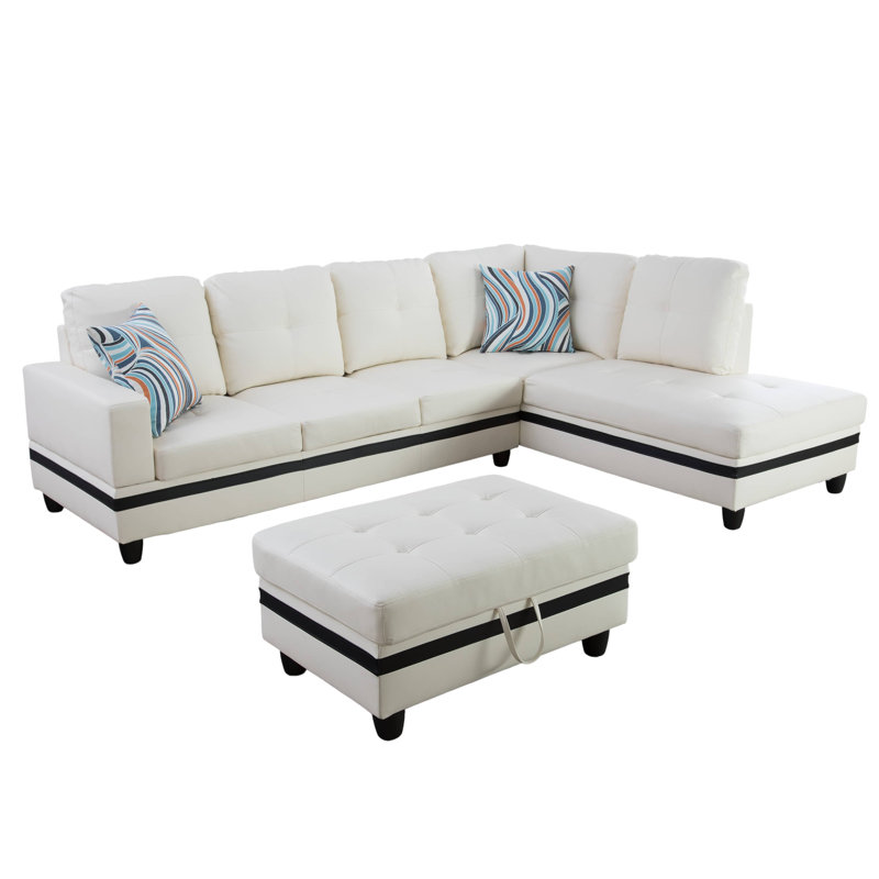 Canapé et chaise longue avec repose-pieds Beesley, Orienté à droite, Similicuir blanc / noir, Noir