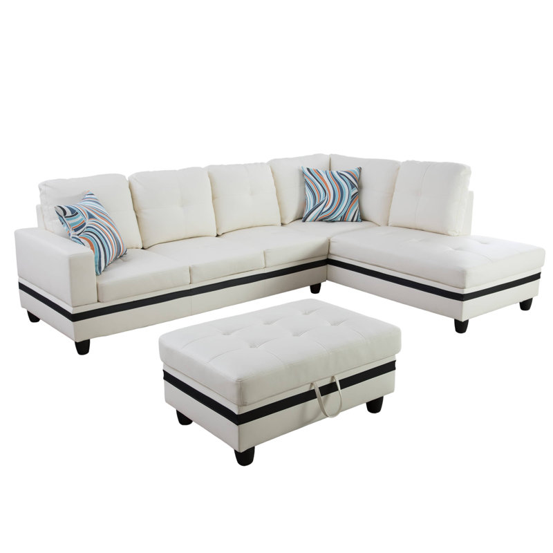 Canapé et chaise longue avec repose-pieds Beesley, Orienté à droite, Noir, Similicuir blanc / noir
