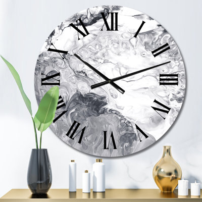 White and Grey Liquid Marble Waves I - Modern Wall Clock