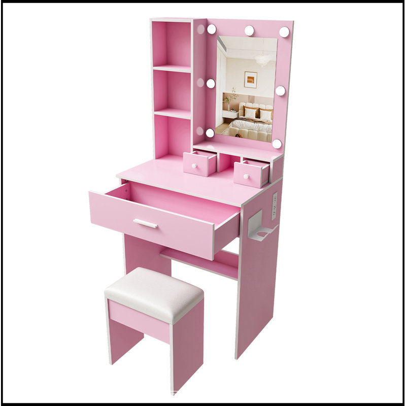Table de coiffeuse avec miroir, lumières DEL réglables, prise de courant, support pour sèche-cheveux et tabouret, Pink