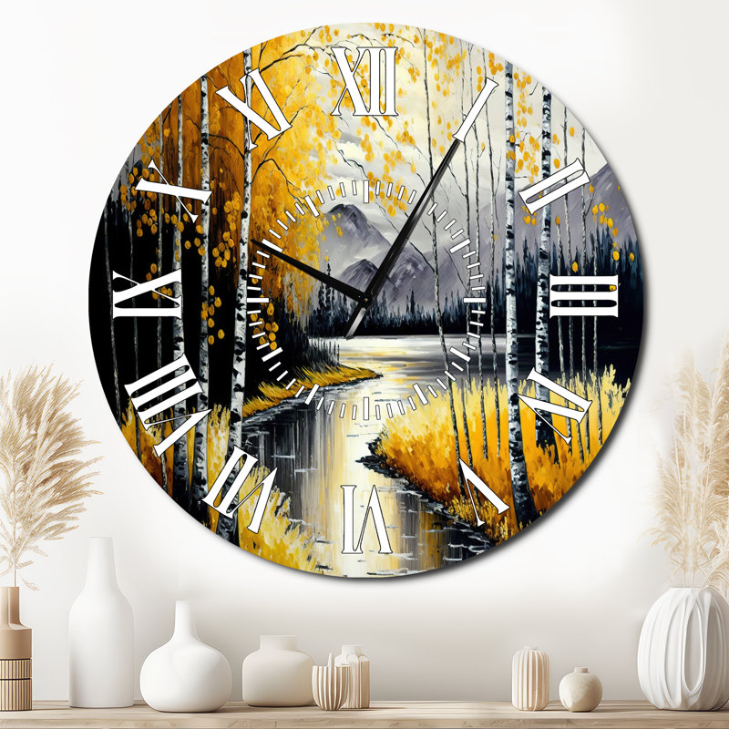 Horloge murale grise et jaune au bord du lac II - Paysage et nature, Surdimensionné