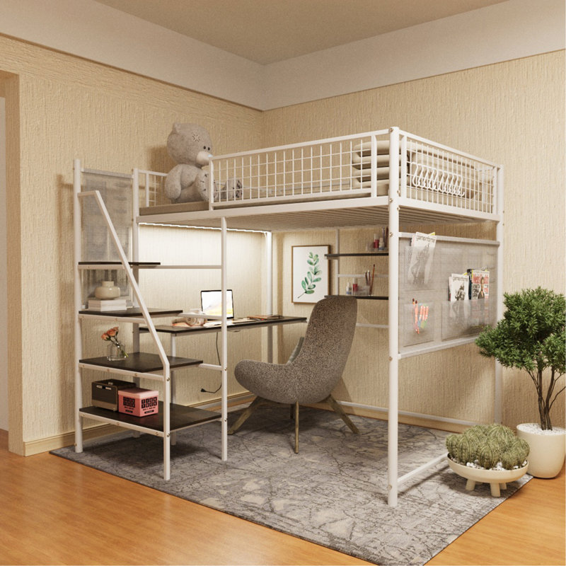 Lit mezzanine double en métal avec blanc pour chambre à coucher et dortoir, avec station de charge intégrée et éclairage DEL