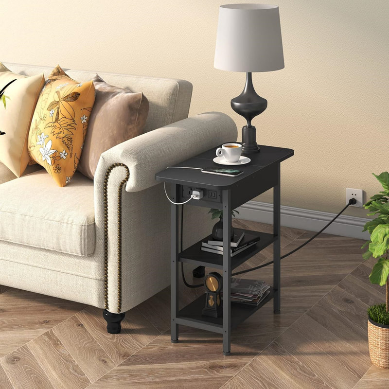 End Table With Charging Station, Flip Top Side Table With Usb Ports And Outlets, Nightstand For Small Spaces, Bedside Tables With Storage Shelf For Living Room, Bedroom, Black