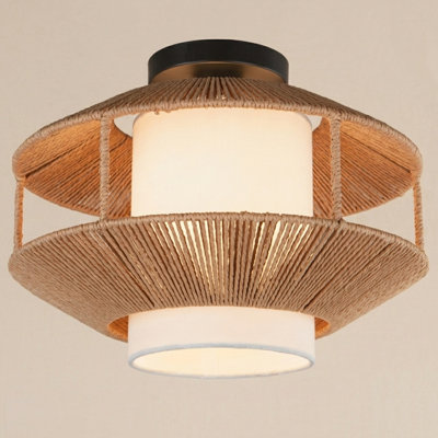 13.5" Boho Rattan Semi-Flush Mount Ceiling Light, Organic Modern Woven Drum with Linen Shade
