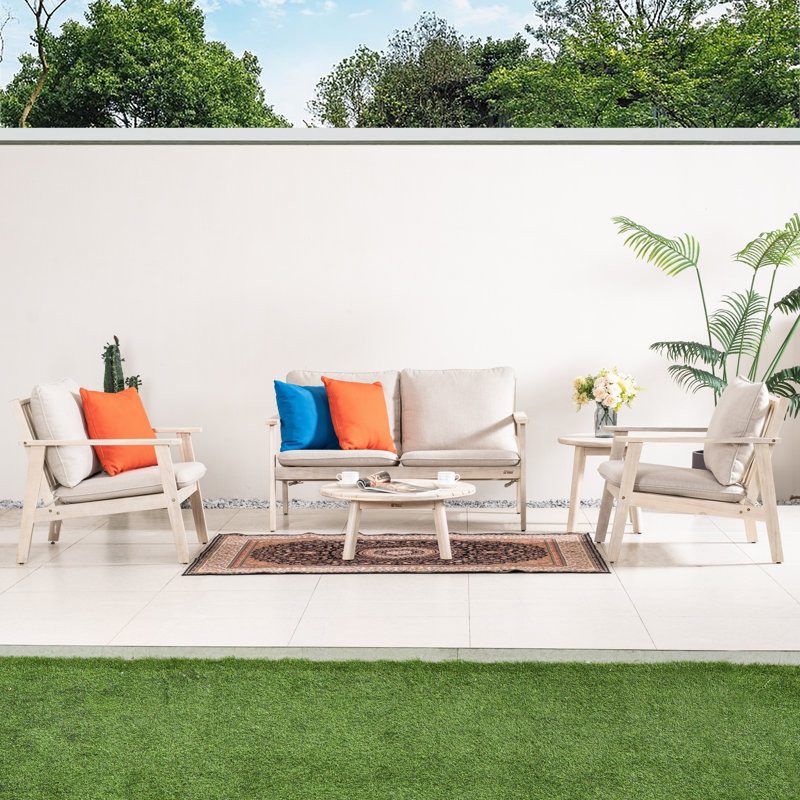 Solid Acacia Wood Garden Sofa Set With Coffee Table, Outdoor Patio Lounge Furniture