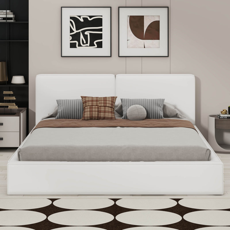 Grand lit tapissier au sol en velours, Beige