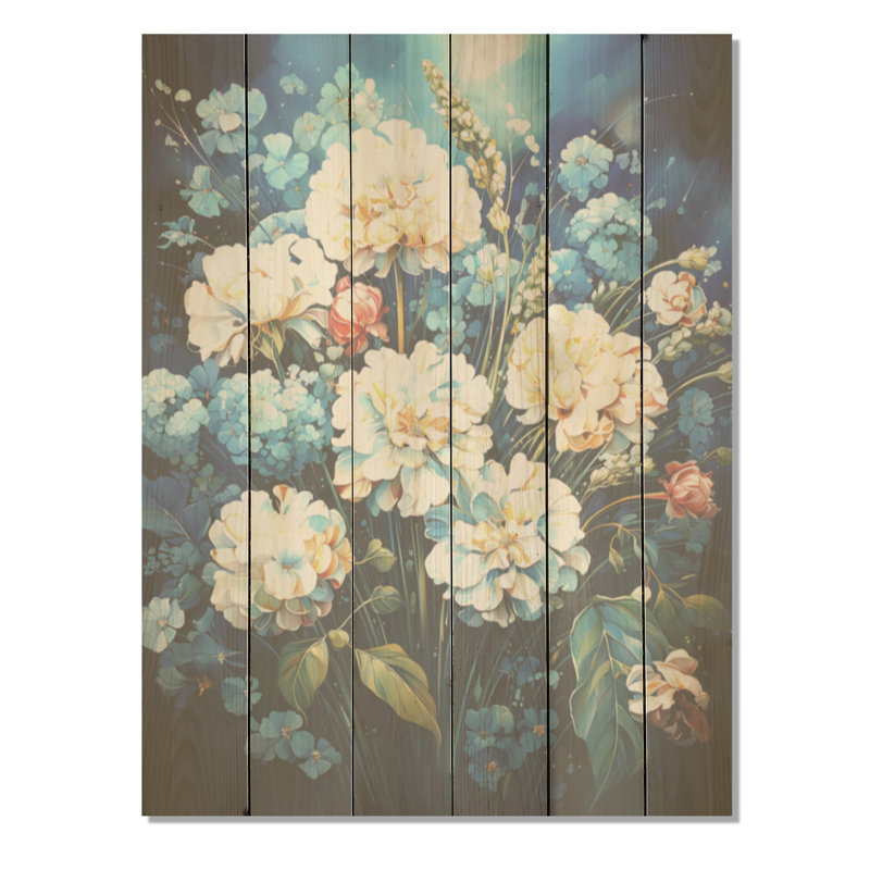 «Blue Flower In Popcorn Serenade I», art sur bois de pin naturel, H 20 po x l 10 po