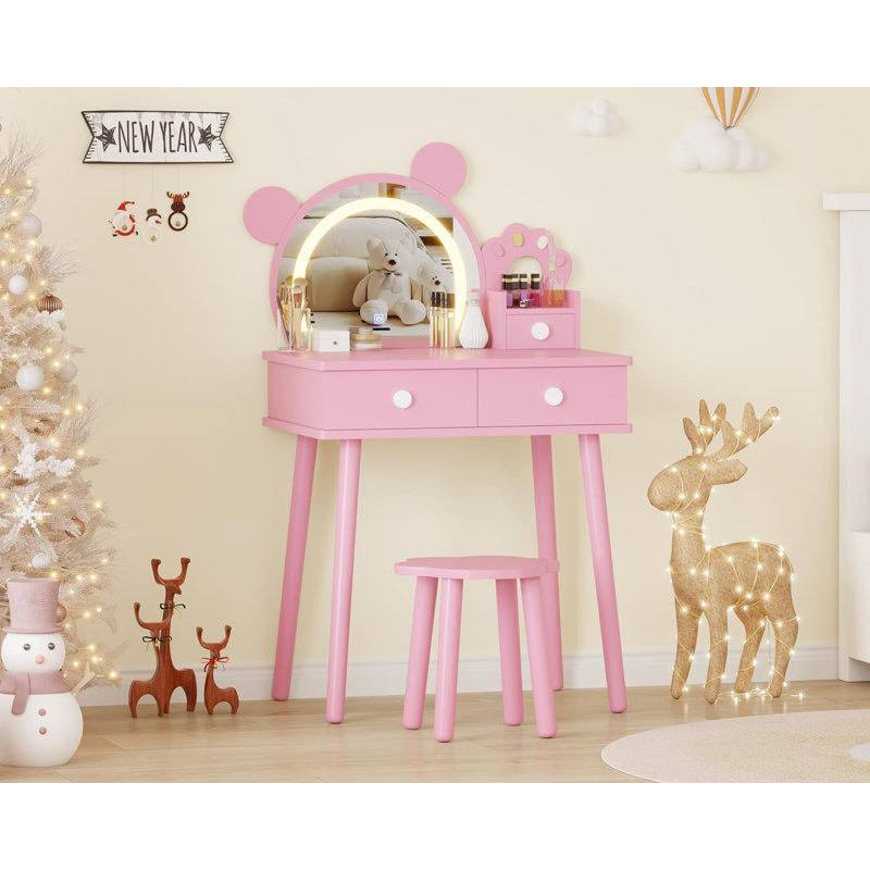 Bear-Shaped Lighted Mirror Kids Vanity Table and Chair Set - Wooden Princess Makeup Desk with Stool, Storage Drawers & Safe Pretend Play Features - Bedroom Furniture for Little Girls