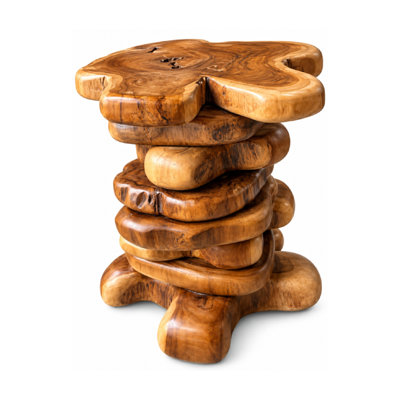 Table d'appoint en bois de teck empilé fabriqué à la main | Tabouret d'appoint Sculptural