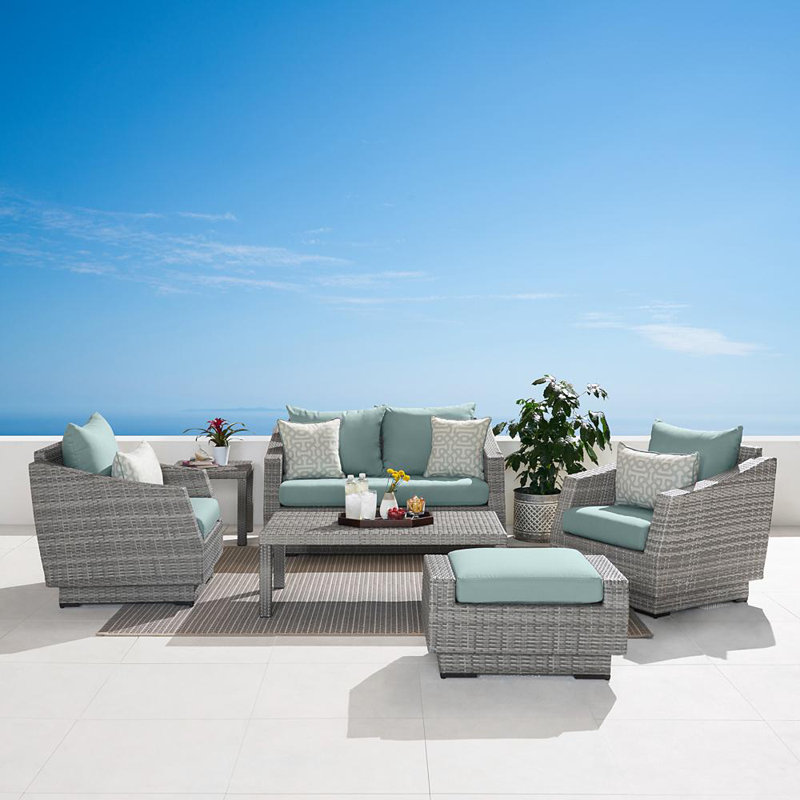 Fionnula 6 Piece Rattan Sofa Seating Group With Sunbrella Cushion Covers, Canvas Spa Sunbrella® Canvas