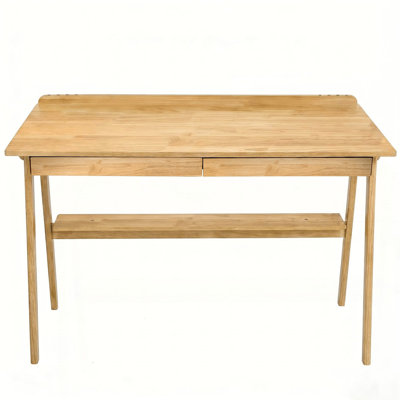 Solid Wood Writing Desk, Home Office Desk for Small Spaces, Mid Century Modern Desks with 2 Drawers & Storage Shelf, Standing Desk with Side Hooks for