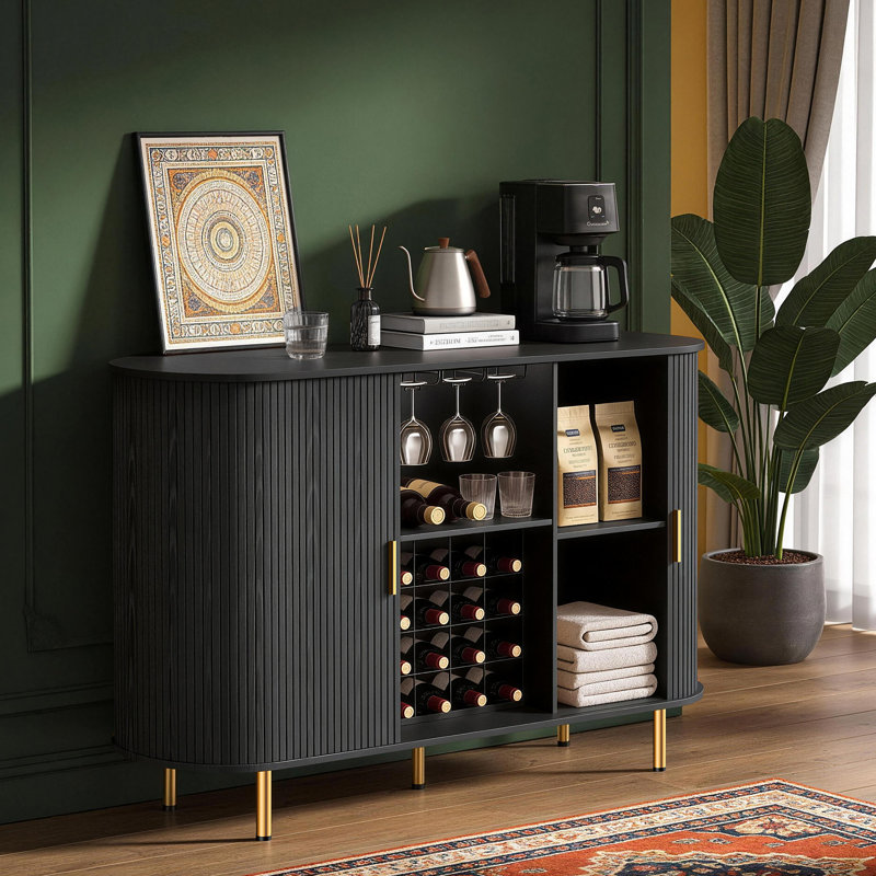 55" Mid-Century Modern Wine Bar Cabinet with LED Lights, Wine Rack & Glass Holder, Black