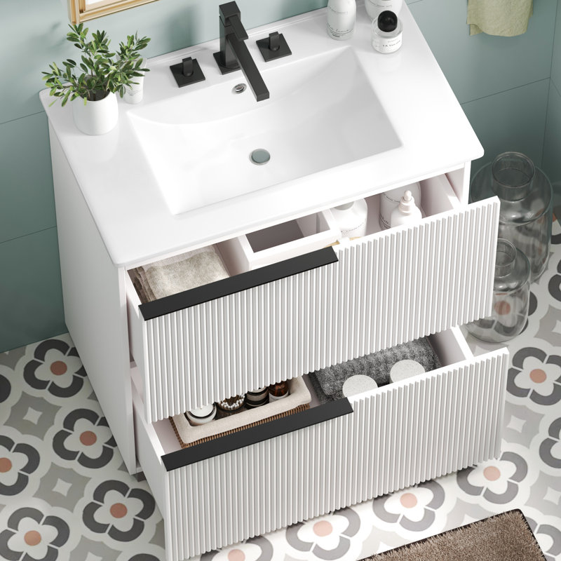 30" Bathroom Vanity With High - Quality Sink, Fluted Design And Optimal Storage For Daily Essentials Ceramic Soft Close Undermount Drawer Slides, Design, White Ideal Small To Medium Bathrooms, Space