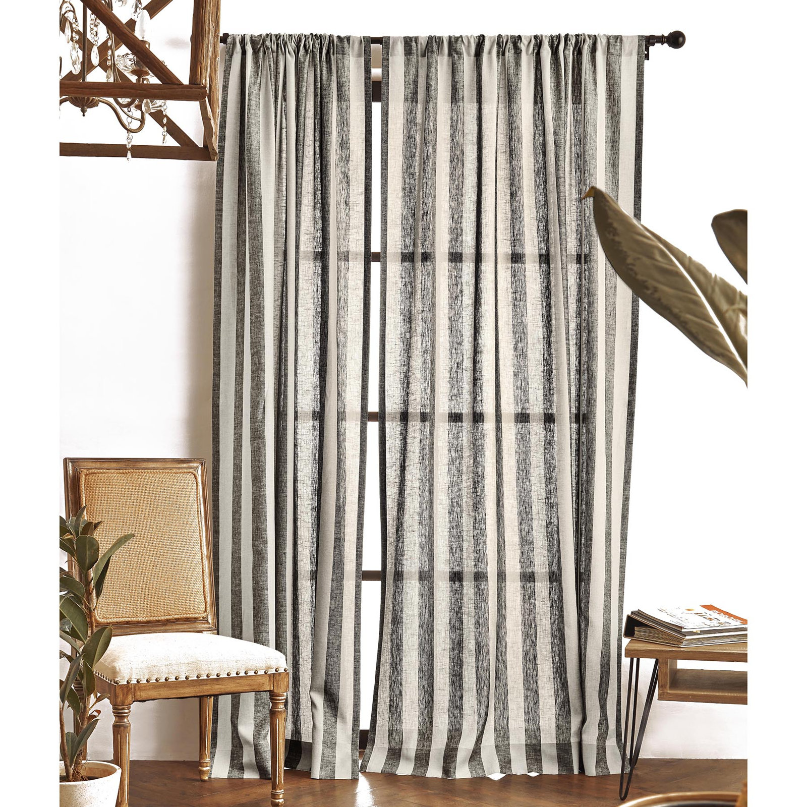 Striped Pure Linen Semi-Sheer Curtain Panel, Black and Natural, 52" W x 108" L