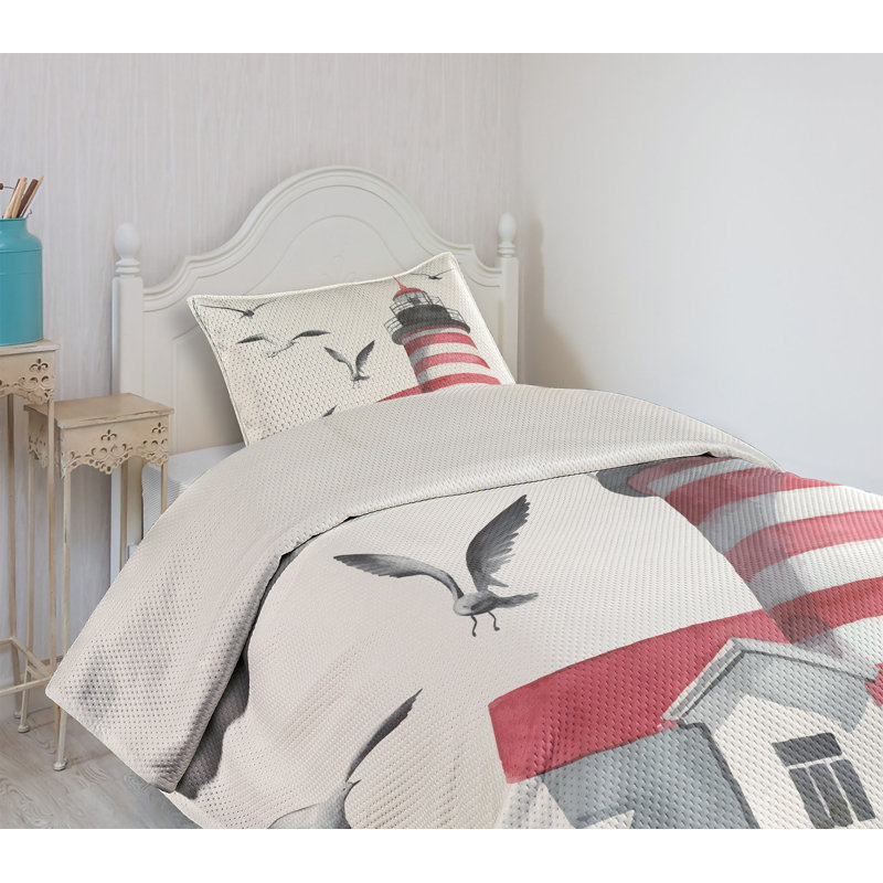 King Size White Quilted Bedspread Set with Lighthouse Design