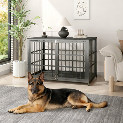 YOKWOK Meuble pour cage robuste pour chien de 48 pouces, grand chenil pour chien avec 6 verrous et double porte, cage pour chien résistante à l'évasion pour grands chiens, niche pour chien en métal résistant à la mastication, noir