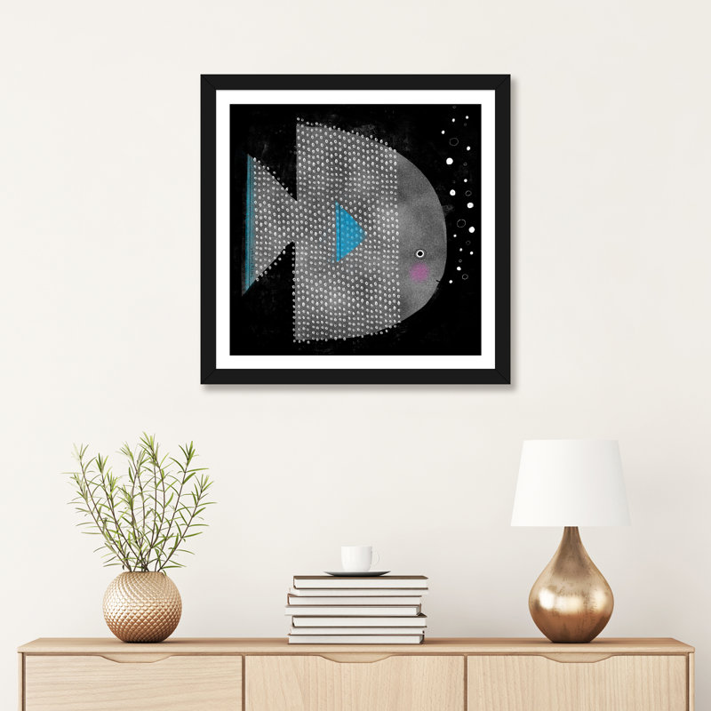 " Spotted Fish " by Terry Runyan, White, Black Framed Paper, 24" H x 24" W x 1" D