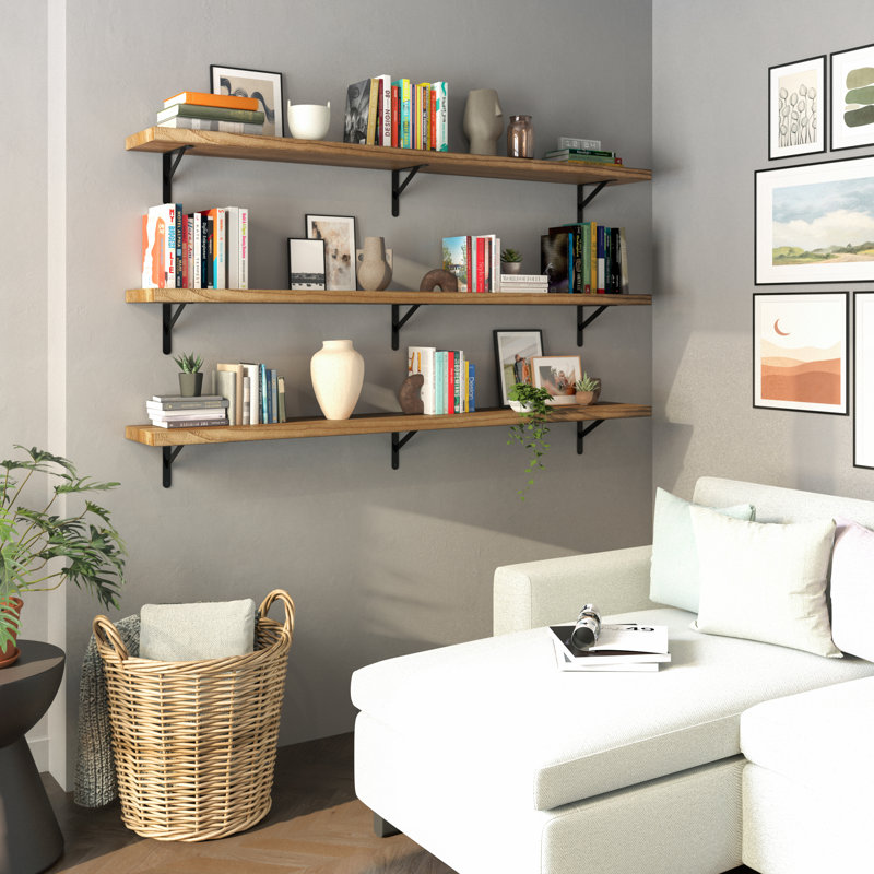 72" X 9.25" Wall Bookshelf For Room Decor, Floating Bookshelf For Living Room & Home Organization, Rustic Shelf, Wall Mounted, 1.5" Ultra Thick Real Wood Board, Hanging Shelf, Burnt