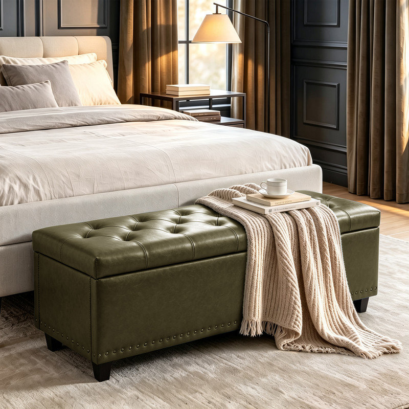 Pouf de rangement rectangulaire rembourré en cuir de 130 cm, Vert olive