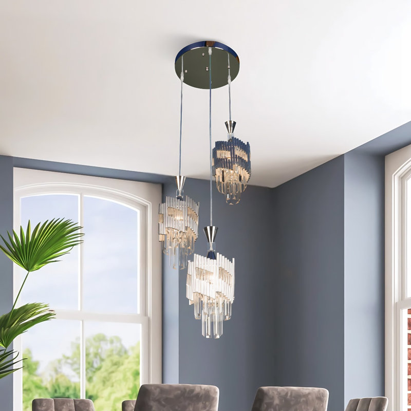 Luminaire suspendu rond argenté à 3 têtes inclinées (3 ampoules E26 3 couleurs incluses)