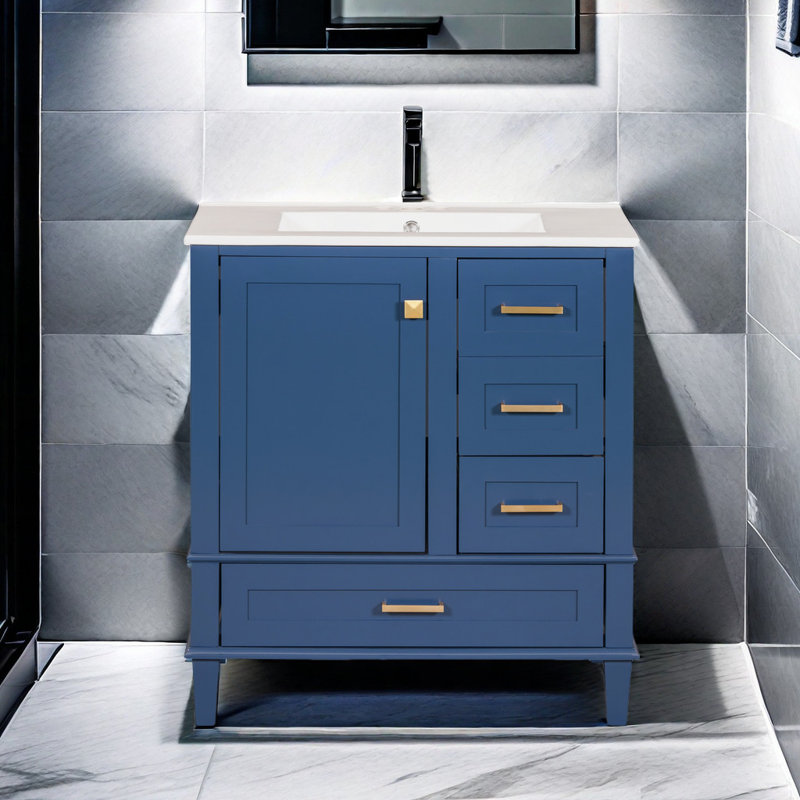 Meuble-lavabo simple 30 po avec plateau en céramique Chatham, Bleu, Or