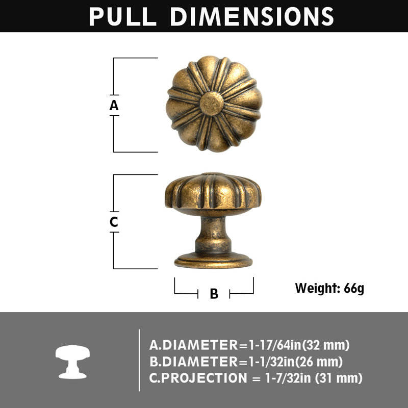 1.27" Diameter Mushroom Knob Multipack, Antique Brass
