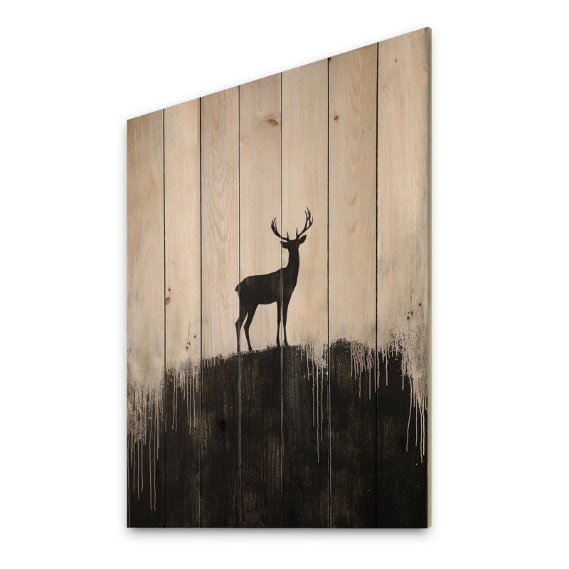 Silhouette de cerf sur une montagne - décoration murale en bois moderne sur bois de pin naturel, H 44 po x l 34 po