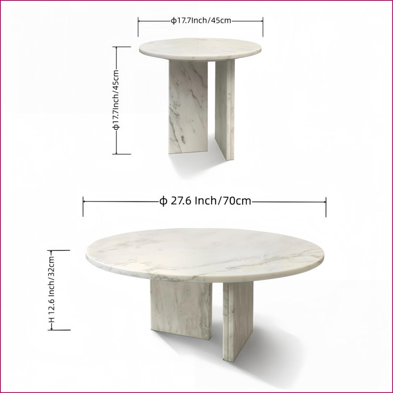 Ensemble de tables basses en marbre blanc naturel Snow Mountain pour salon, 2 tailles semi-polies avec un caractère unique
