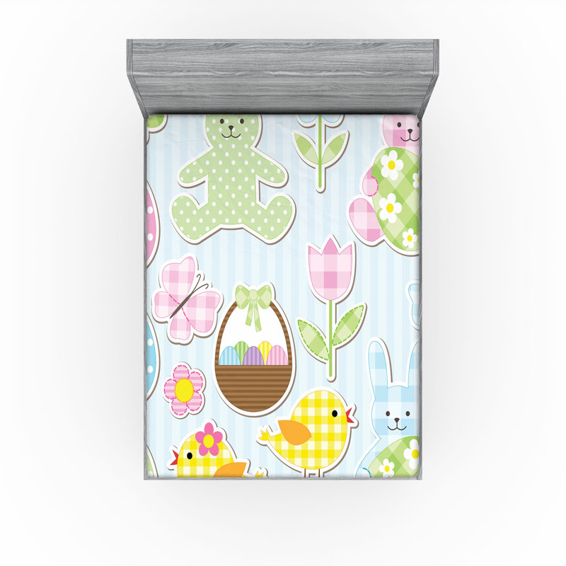 Ambesonne Fitted Sheet 2-Pack, Sky Blue/Yellow/Pink Striped/Polka Dots/Gingham, King Fitted Sheet