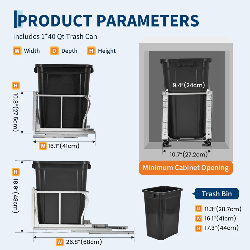 Poubelle escamotable sous l'armoire, bac de recyclage des déchets sous l'évier de 40 pintes avec glissière réglable, ensemble de fixation de porte, poubelle incluse, ouverture minimale de l'armoire: l 12 po x P 18 po