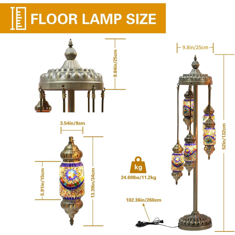 52" Turkish Mosaic Floor Lamp with Handmade Stained Glass Bohemian Design, 5 Shades 6 E12 Bulbs Included, Vintage Ethnic Decor for Living Room, Bedroom & Gifts