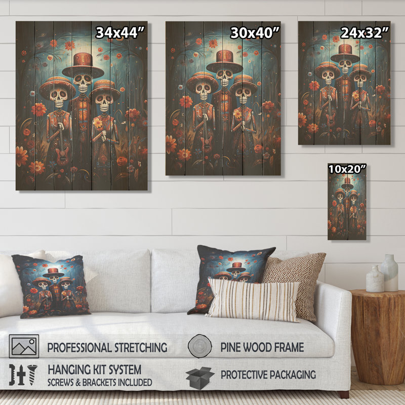 Art mexicain, jour des morts II - Art mexicain sur bois, H 20 po x l 10 po