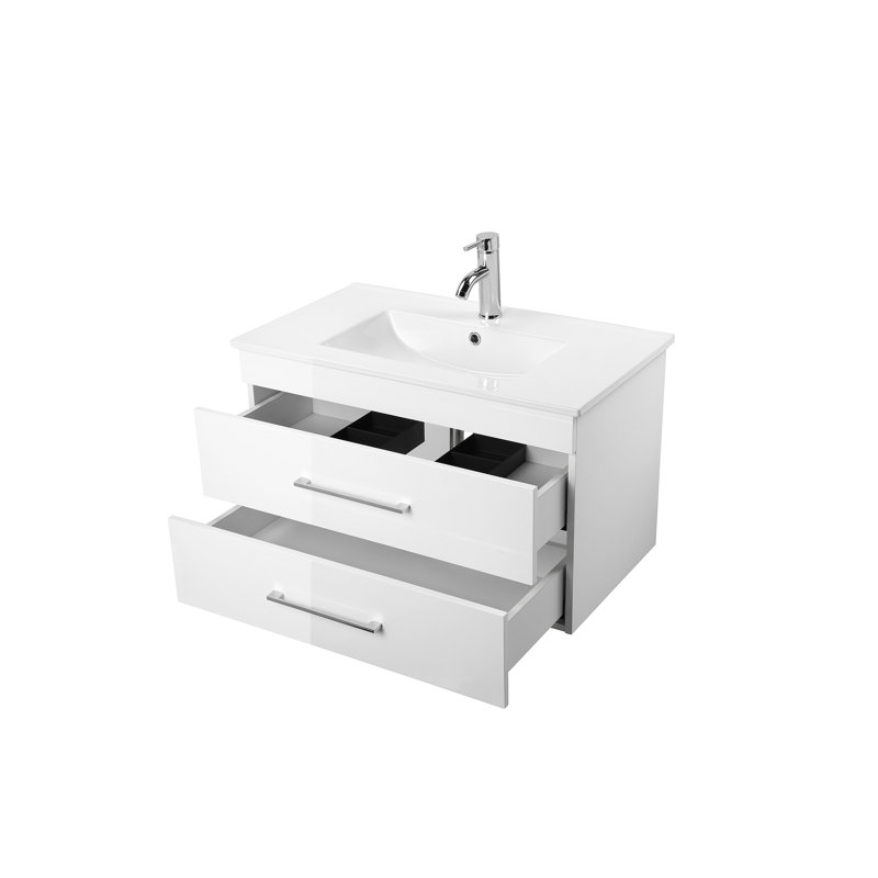  Meuble-lavabo mural en bois avec tiroirs doubles, système de fermeture en douceur, lavabo en céramique et miroir en aluminium - créez un espace de salle de bain moderne et minimaliste!