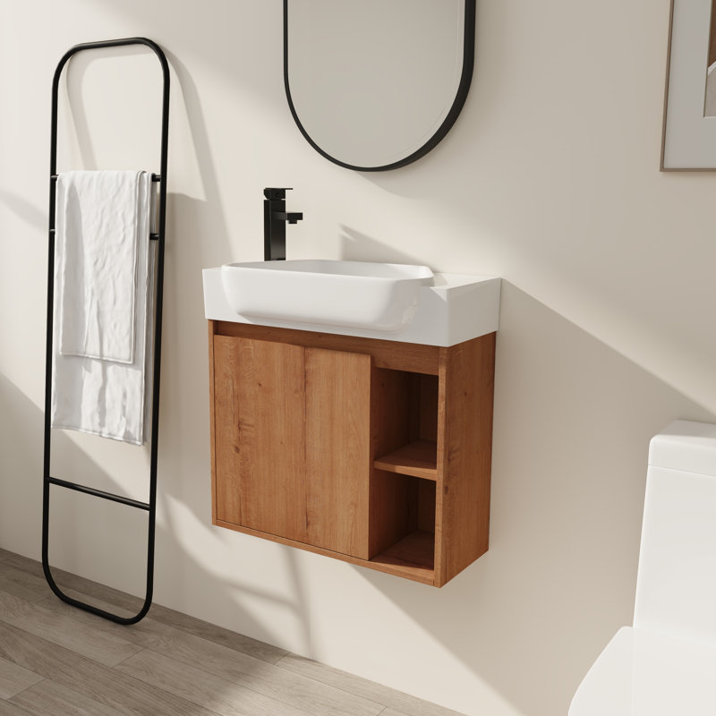 Meuble-lavabo mural 24 po avec évier trapézoïdal en céramique blanche - Conception angulaire