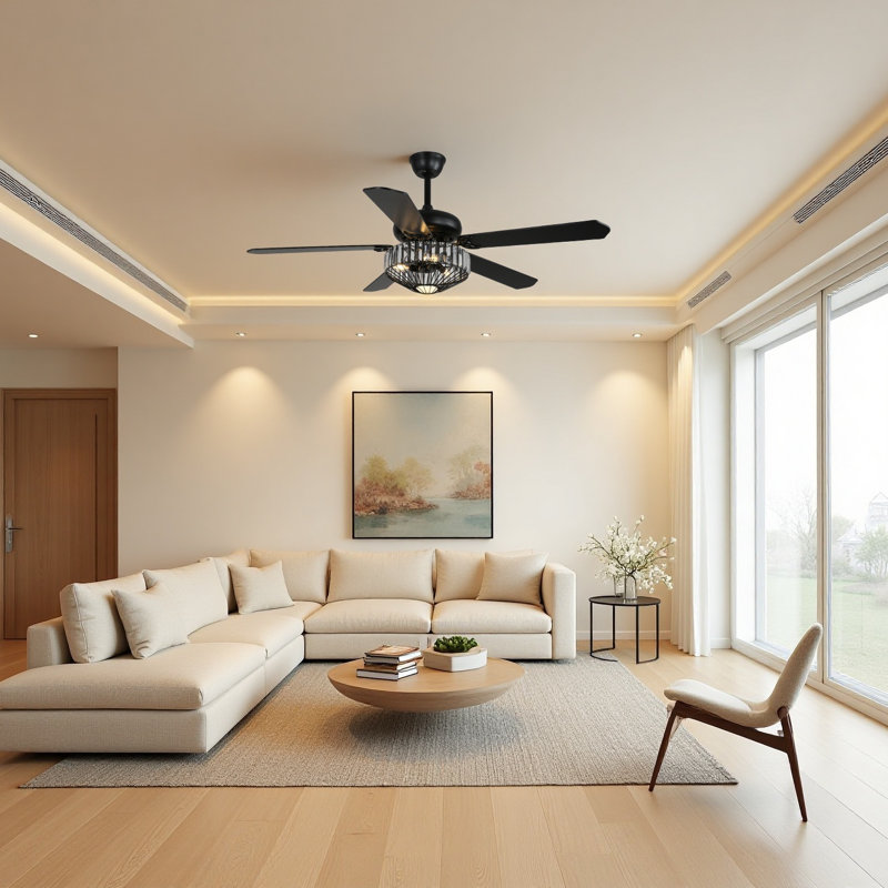 42 In. 5-blade Downrod Light Bulbs Black Plywood Ceiling Fan Without Light, Dc Motor, Crystal Round Light Shade, 42" Wide