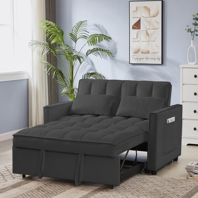 Modern 55" 3-in-1 couch folding sofa bed with two lumbar pillows for living room and office, Black Fabric