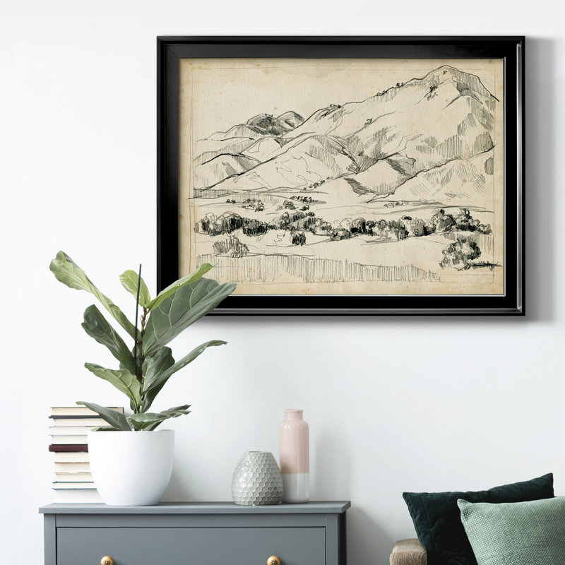 Croquis de montagne I, Papier avec cadre noir, H 26,5 po x l 36,5 po x P 1 po, Pas de tapis