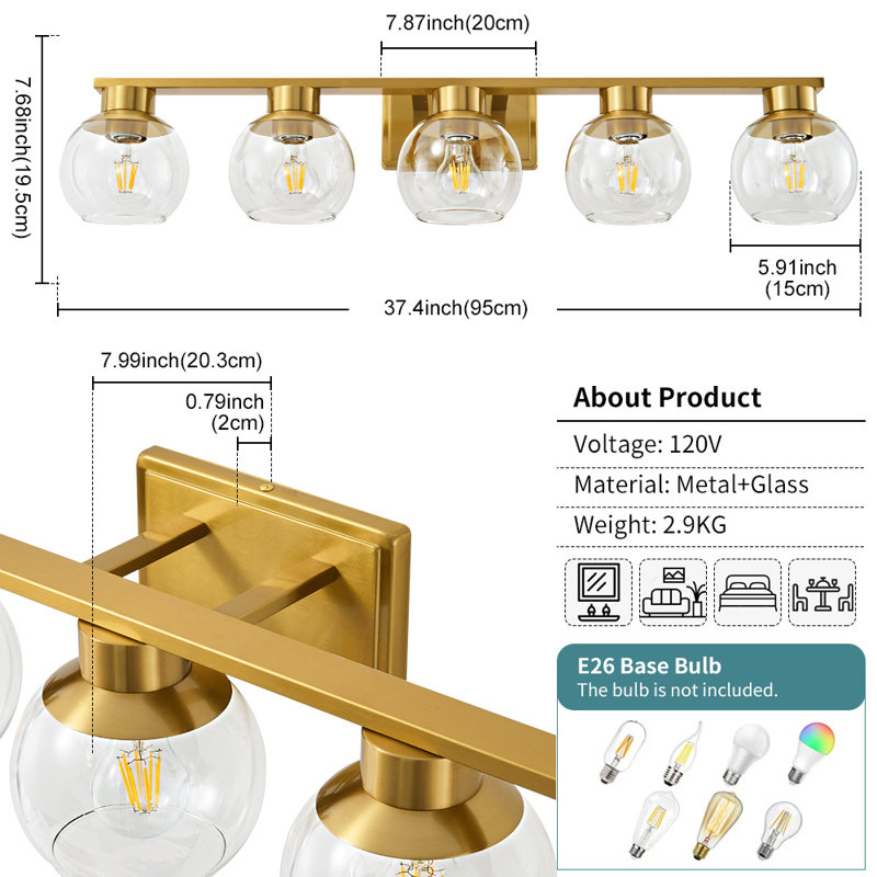 Geneva Dimmable Bathroom Vanity Light Fixtures, Gold, 5