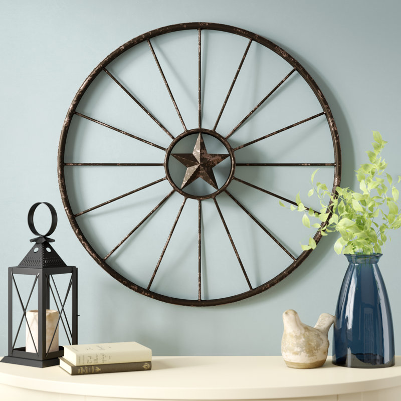 Metal Wagon Wheel with Star Wall Decor
