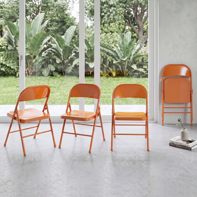 Set of 4 Heavy-Duty Steel Orange Folding Chair – Portable Metal Seat, Extra Guest Chair, Dining, Office, Patio, Event & Conference Seating Solution