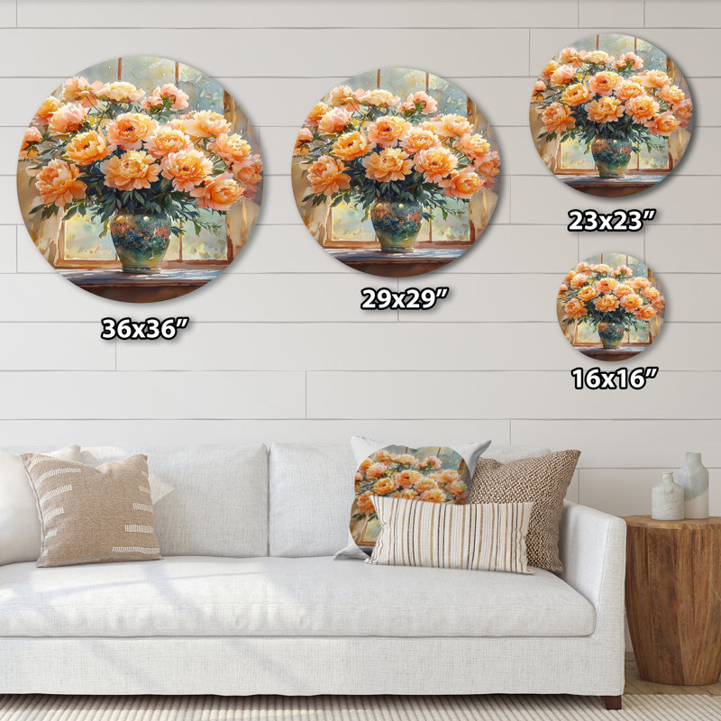 Jollanta - pivoines, art mural rond en métal, H 36 po x l 36 po