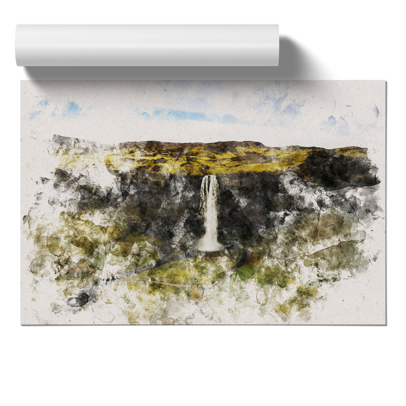 Seljalandsfoss Waterfall in Iceland Watercolour - Frameless Print, 21cm H x 30cm W x 0.1cm D