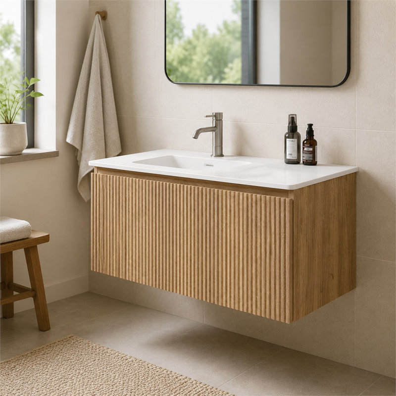 Meuble-lavabo suspendu Etna 36 po, armoire en chêne brut rayé avec lavabo intégré en surface solide blanche, sans drain, préassemblé pour salles de bains modernes