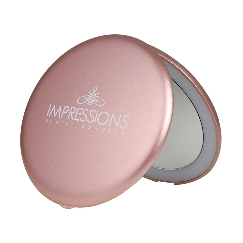 Miroir compact à DEL Infinity avec bande lumineuse, miroir compact sans fil avec loupe, Or rose