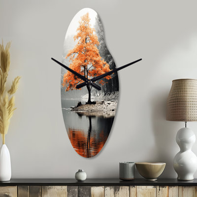 Orange And Grey Forest Autumn Elegance II - Forest Asymmetrical Metal Wall Clock, Traditional Curved Wall Clock Print