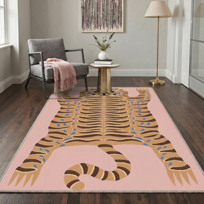 Kai Funky Tiger Animal Print Machine Washable Brown Indoor Area Rug with Non-Slip Backing
