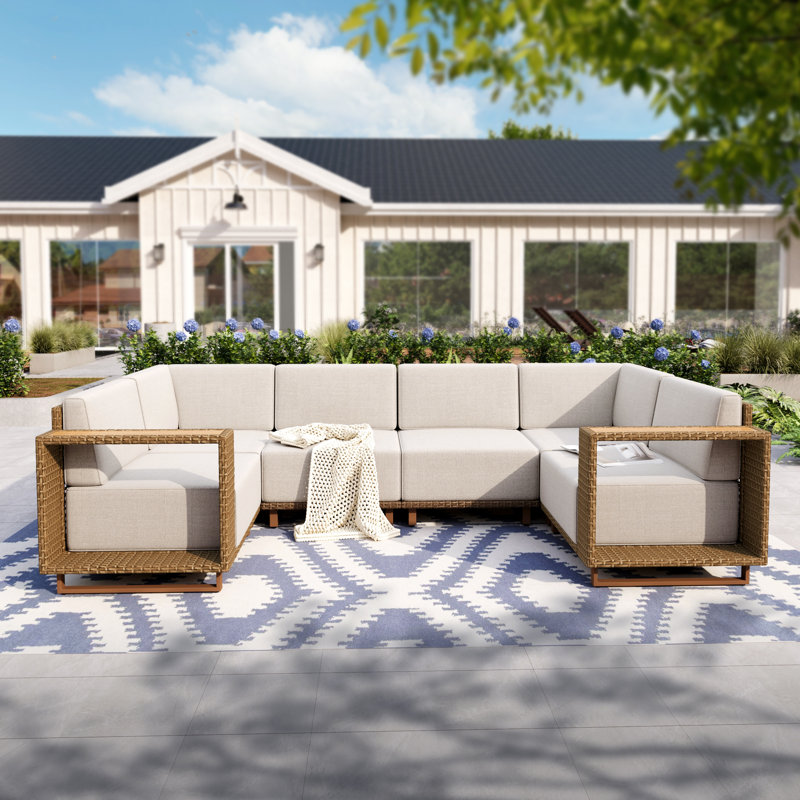 258.06cm Wide U-Shaped Wood Patio Sectional Set with Cushions
