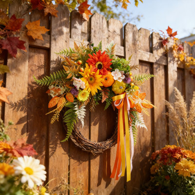 16 Inch Fall Sunflower Decorative Wreath With Pumpkins & Maple Leaves & Fluttering Ribbon, Faux Harvest Thanksgiving Door Decorations for Indoor &Outdoor Rustic Farmhouse Style Mantels, Wall Decorations