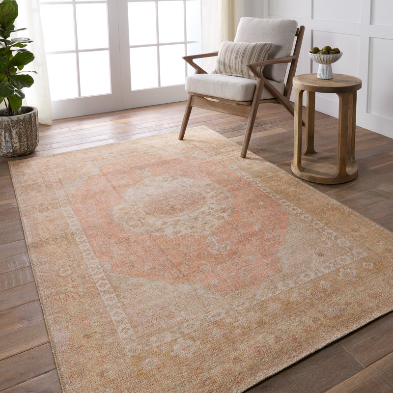 Tapis orange / brun clair tissé à la machine Daisee, Rectangle 3 pi 9 po x 6 pi